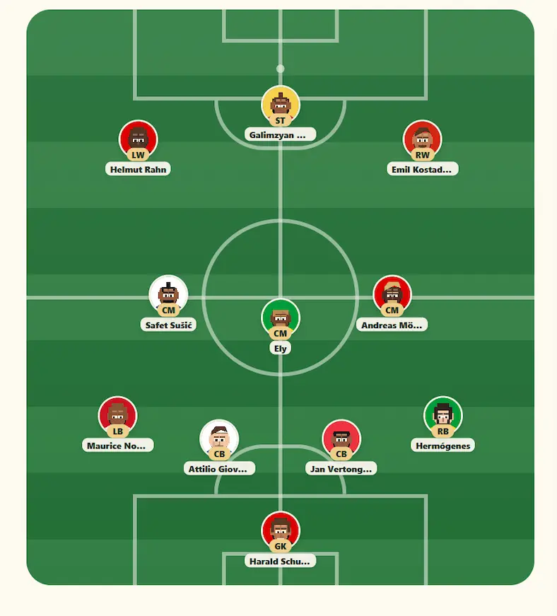 7a0 pitch view showing a drafted World Cup XI in formation